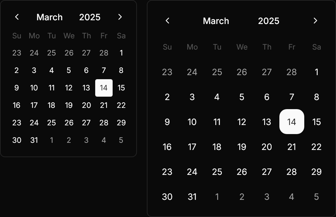 Calendar demo: Sizes