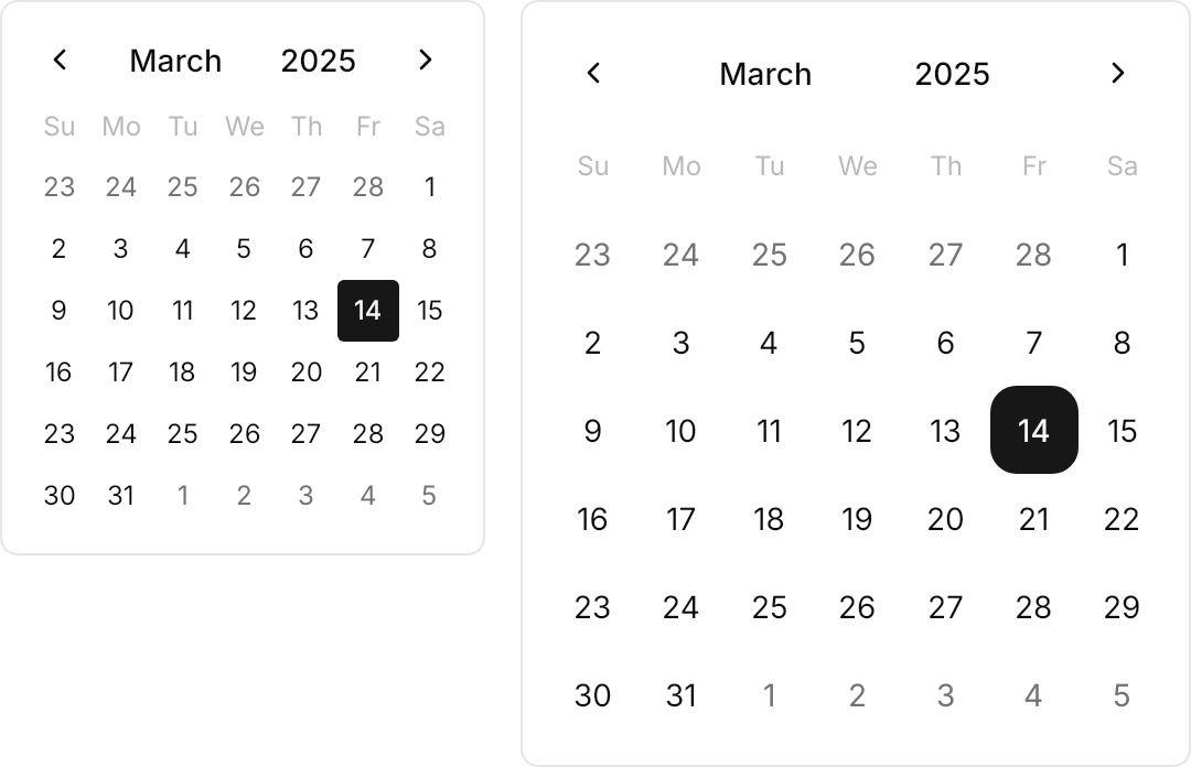 Calendar demo: Sizes